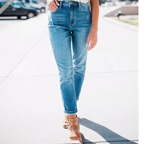 KanCan Signature Distressed Mom Fit Stretch Cuffed Jeans - Picture 2 of 16